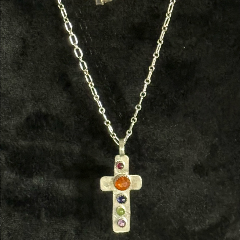 Silver Cross Pendant Necklace with Multicolor Stones